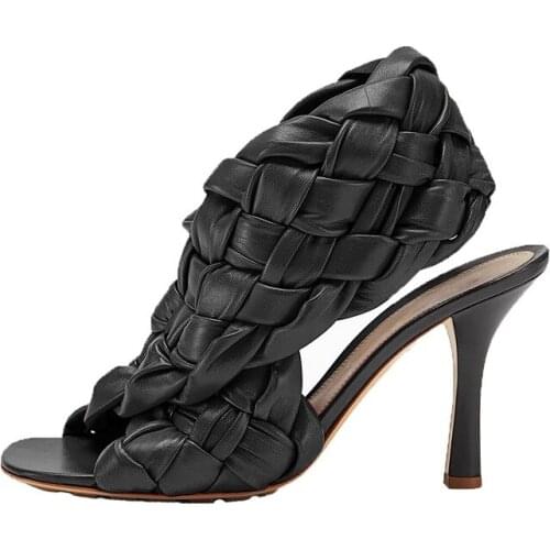 New Leather Braided High Heel Sandals Women Runway Party Shoes Woman Cross Wove Folds Mules Shoes Sexy Thin Heel Slippers Woman