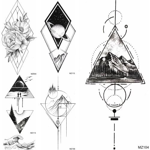 Black Mountain Temporary Tattoos Fake 3D Geometric Flower Planets Tattoos Sticker For Women Men Beautiful Body Art Tattoos Decal