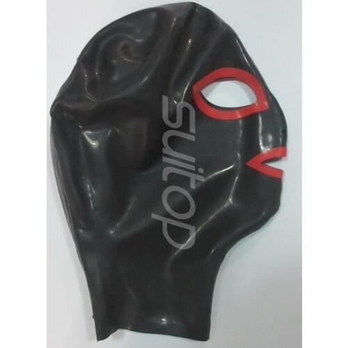 Suitop black latex hood with red trim back zipper