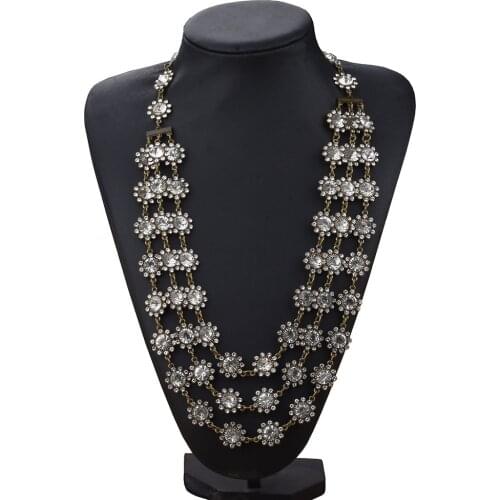 Long Crystal Chain Flower Necklace Multi Layer Statement Vintage Chunky Necklace For Women Bohemian Party Jewelry
