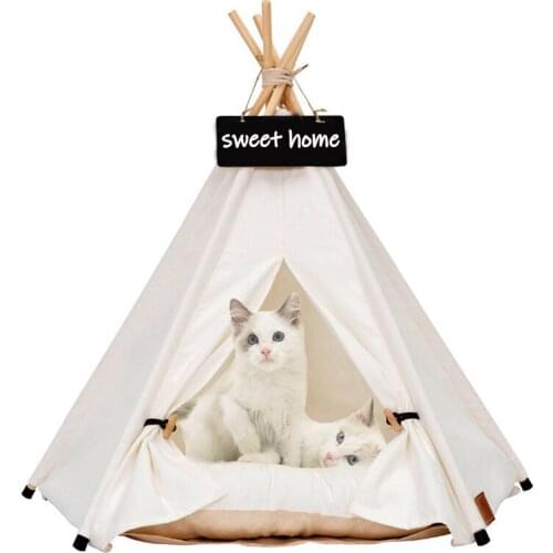 Pet Teepee Dog Tent House Cat Bed with Thick Canvas Cushion Blackboard Folding Playpen Puppy Kennel for Small Medium Dogs Cats