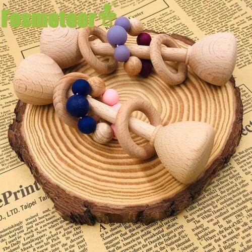 Fosmeteor Wooden Baby Toy Rattle 1pc Beech Bear Hand Teething Wooden Ring Rattles Play Gym Montessori Stroller Educational Toys