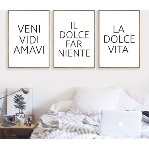 Italian Quotes Canvas Print La Dolce Vita Veni Vidi Amav Minimalist Painting Black White Wall Picture for Living Room Home Decor