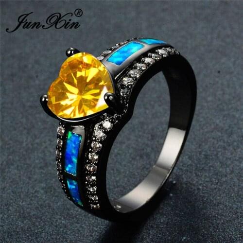 JUNXIN Unique Geometric White AAA Zircon Blue Fire Opal Yellow Heart Rings For Women Retro Black Gold Filled Birthday Best Gifts