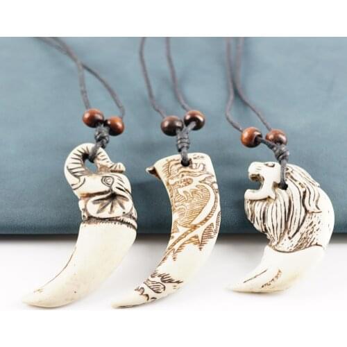 LeeSell Cool Boy Mens Imitation Vintage Yak Bone Carved Pendant Wolf Elephant Tooth Necklace Amulet Tooth Adjustable Rope Gift