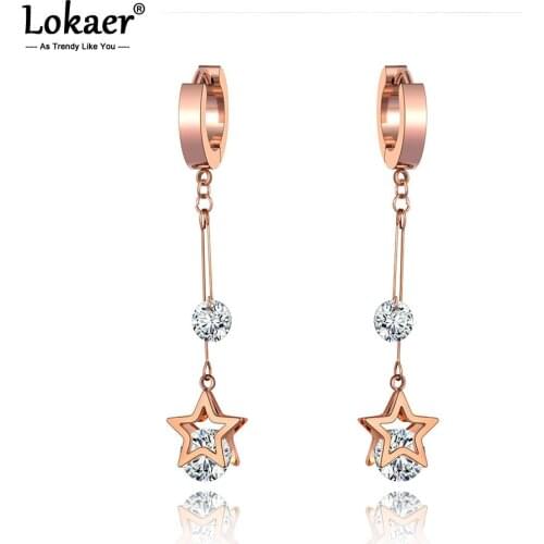 Lokaer Trendy Stainless Steel CZ Crystal Star Tassel Earrings Jewelry Sparkling Rose Gold Hoop Earrings For Women Girls E20009