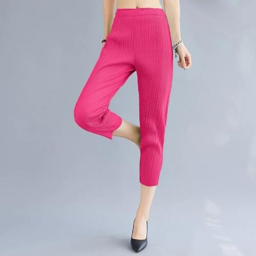 2020 new Miyake pleated womens pencil pants Small feet stretch slim leggings womens brand red black pink cropped trousers pant