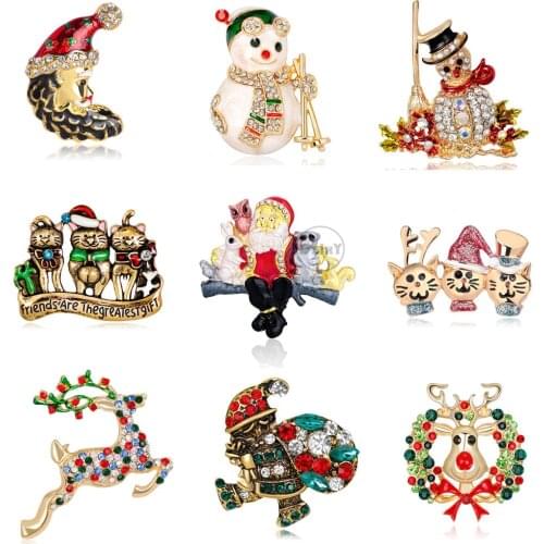 Santa Claus Crystal Enamel Brooches For Women Christmas Badges For Clothes Jewelry Collar Deer Pins Gifts Accessories For Friend