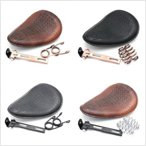 Motorcycle Retro Brown/Black Crocodile Leather Solo Seat+3" Spring Bracket for Harley Custom Chopper Bobber Leather Saddle Seat