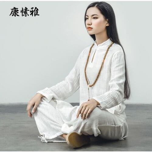 Spring Autumn Women Yoga Set Linen Loose Wide Yoga Pants Yoga Top Shirt Meditation Martial Arts Taichi Casual Taiji Suit Clothes