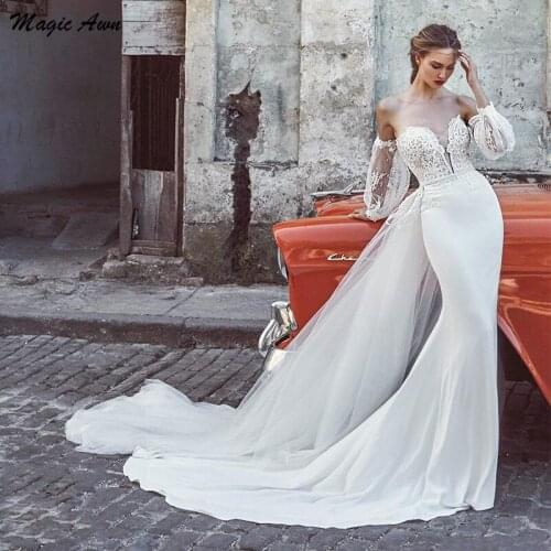 Magic Awn Vintage Off The Shoulder Mermaid Wedding Dresses Long Sleeves Lace Appliques Illusion Princess Overskirt Mariage Gowns