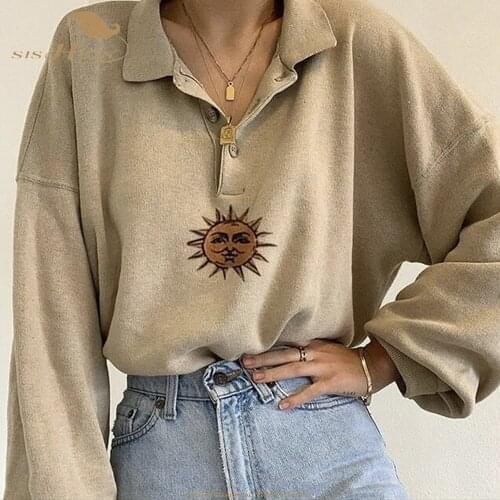 SISHION Sweatshirt Expose Navel Leisure Women Sports Vintage Hoodie Sun Pattern Embroidery Half-open Collar SP1371