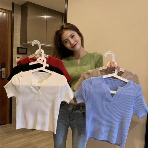 New Womens V-neck Tshirt Solid Color Exposed Navel Slim Casual Knitted Short SleeveT Shirt Knitted Tee Regular Top
