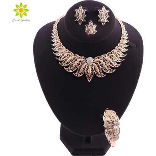 Women Jewelry Sets Gold Color Dubai Necklace Earrings Bracelet Ring in Nigerian Wedding Set Bridal Crystal Turkish Jewelry