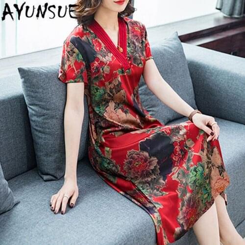 Ayunsue 2020 Dress Women Vintage Floral Plus Size for Women Elegant Summer Dress V Neck Print Dresses Robe Pph10