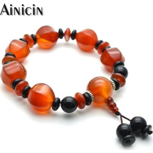 1pc Red Semi-precious Stone Pumpkin Shape Guru Beads Tibetan Mens Strand Bracelets Fashion Birthday Gift Jewelry Bangles
