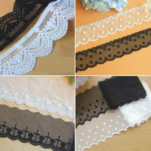 White And Black Cotton Lace Embroidered Lace Fabrics 5 Yds Mesh Appliqued Lace 3D Flower Diy Sewing Apparel Trims Scalloped