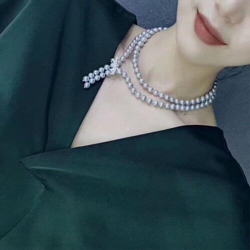 Free shipping 35inch 10mm gary shell Pearl CZ Necklace 925 silver micro inlay zircon clasp diy Butterfly clip accessory jewelry