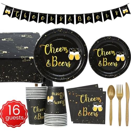 Cheer Beer Birthday Party Supplies Black Gold Tableware Set Paper Plate Cup Tablecloth Banner for Wedding Anniversary Decoration