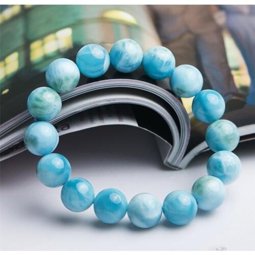 Precious Natural Blue Larimar Bracelets For Men Women Stretch Big Crystal Round Bead Fitness Barcelet Water Pattern 13mm AAAAA