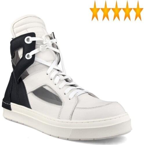 Breathable Summer High-Top Hollow Out Lace Up Sandals Fashion Mens Genuine Leather Shoes Flat Gladiator Sandal Boots