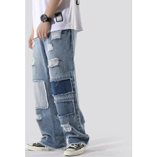 Jeans Men 2020 Autumn New Mens jeans Japanese Fashion brand Hole Patch cloth washed Straight Wide leg pants Light blue jeans