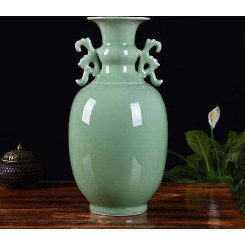 Porcelain Crafts Direct Selling Antique Blue Glaze Double Ear Vase Exquisite Home Decoration Retro Decoration Arrangement