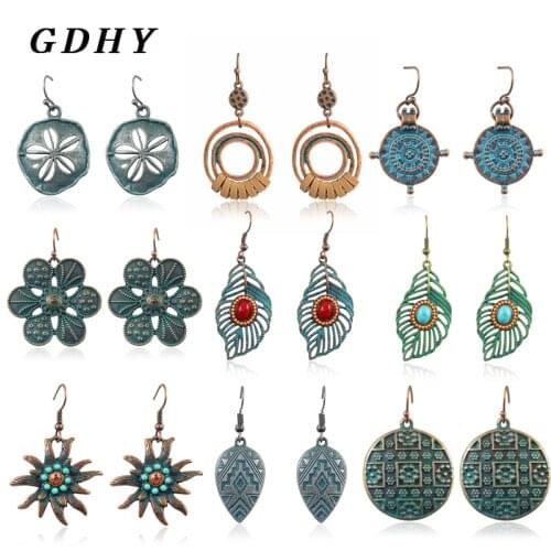 GDHY Retro Bohemian Style Hollowed-out Pattern Leaf Leaves Ccircular Star Circular Droplet Ring Pattern Drop Earrings Gift