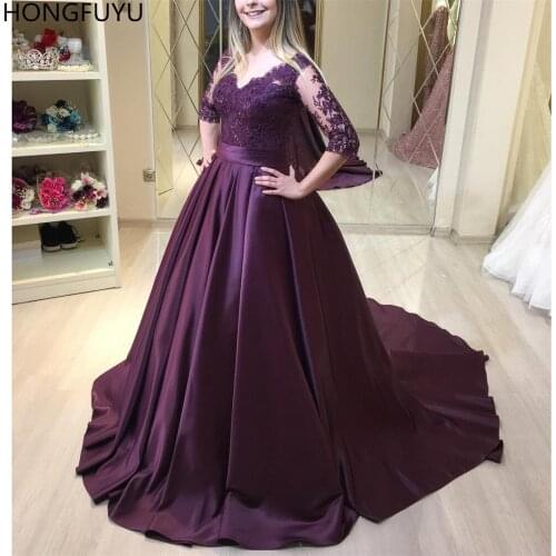 HONGFUYU Illusion Lace Evening Dresses Prom Dress V-Neck vestidos de fiesta Appliques Satin Women Formal Ball Gowns 3/4 Sleeves