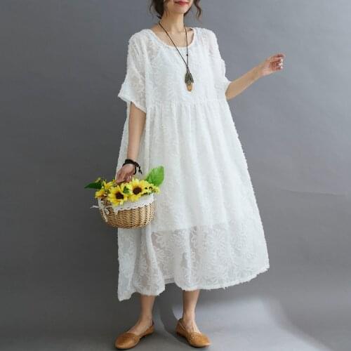 Summer Short Sleeves Dress 2021 Women Oversize Dress Floral Lace Elegant Ladies Vestido Loose O-Neck Casual Beach Sundress Femme