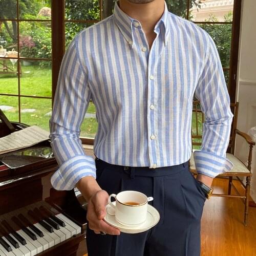 Summer Blue Stripe Shirt Long Sleeve Casual Shirt Men Shirt British Fashion Shirt Trend Office Business Camisa Social Masculina