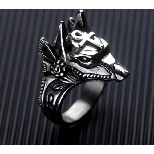 Egypt Cross Anubis God Rings For Men Wolf Head Knuckle Anka Egyptian Ring Retro Stainless Steel Males Jewelry Gift