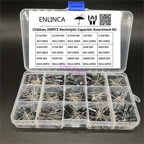 200pcs/lot Radial capacitors set 15Values 10V 16V 25V 50V 0.1uF-220uF Electrolytic Capacitor Assortment Kit 0.22uf 2.2uf 100uf