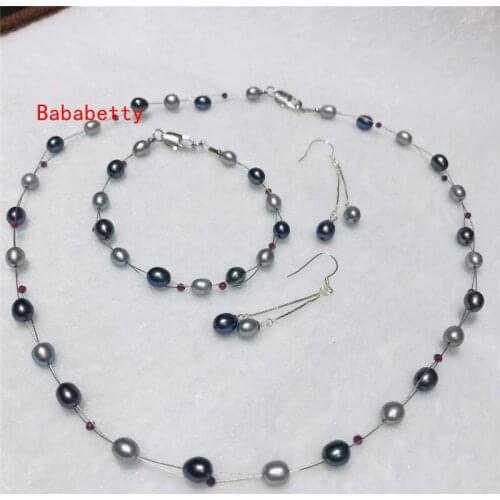 Beautiful New Handmade Natural Freshwater 5-6 mm Pearls Figure Shaped Gray Black Necklace 18 "Bracelet7.5" Earrings Set AAA