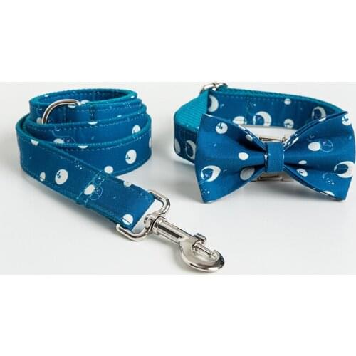 Personalized Blue Dot Elephant Dog Collar Leash With Bow Tie Set Free Engraved Nameplate For Small Medium Large Dog