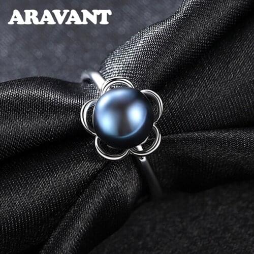 Real 925 Sterling Silver Gray Black Pearl Ring Adjustable Rings For Women Fine Jewelry