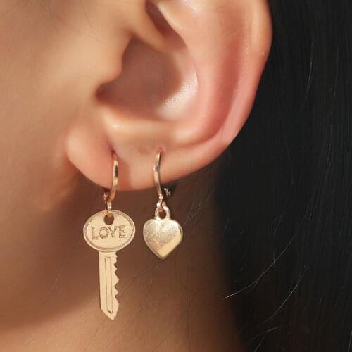 Romantic Earring Set Exaggerated Asymmetric Love Key Modles Earrings Simple Alloy Drop Earring for Women Jewelry Accessories