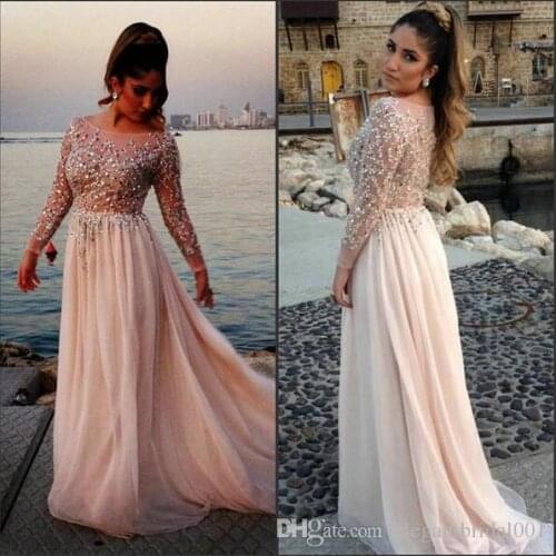 2018 New Fashion Crystal Long A-Line Scoop Chiffon Pear Pink Long Sleeves Formal Evening prom gown mother of the bride dresses