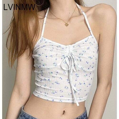 LVINMW Flower Print Drawstring Fresh Slim Sleeveless Top Lace Up Shirring Halter Backless Fashion Tank Tops Women Streetwear