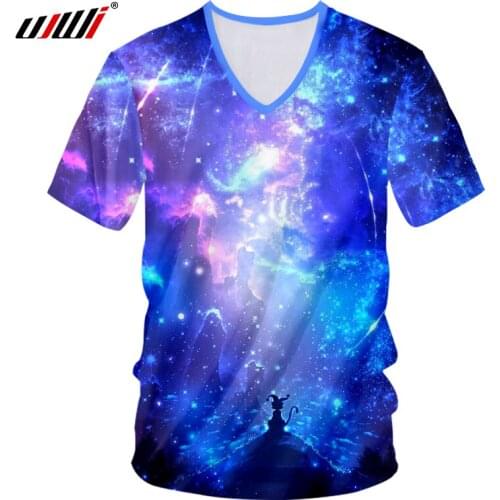 UJWI Mens V Neck Tshirts 2018 Summer Tops 3D Digital Print Blue Galaxy Space T-shirts Hombre Short Sleeve Fitness Shirts 7XL