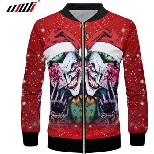 UJWI Winter Man New Large Size Leisure Christmas Hat 3D Printed Zip Jacket Horrible Clown Hip Hop Mens Wholesale