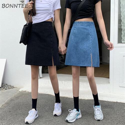 Skirts Women Oversize Denim High-waist Summer Trendy A-line Casual Side-slit Korean Style Faldas All-match Friends Streetwear