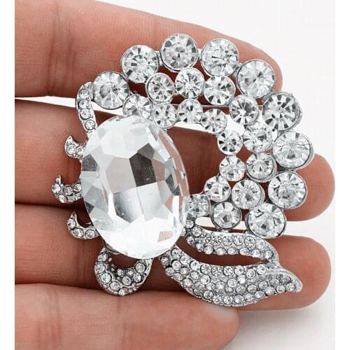Vintage Silver Color Luxury Big Glass Stone Stunning Austria Crystals Women Brooch Elegant Wedding Birdal Bouquet Pins Brooches