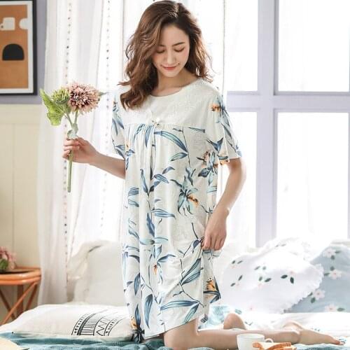 Short Sleeve Women Nightgown O-Neck Nightwear Summer Sleep Dress Flower Printed Sleepwear Long Night Shirt Modal Cotton Nighty