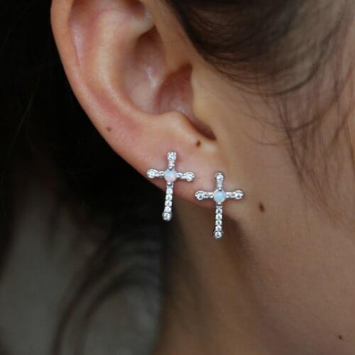 2019 New Fashion Women Cute Simulated Opal cz Beads Stud Earrings Lovely Cross Korean Pendientes Elegant Jewelry