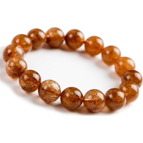 Genuine Natural Copper Hair Rutilated Quartz Crystal Round Bead Women Stretch Charm Bracelet 12mm