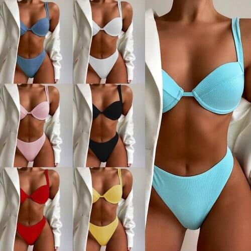 2021 Two Pieces Summer High Waist Female Bathing Suit Sexy Sling Ladies Swimsuit Bikini Set Push Up Padded Swimwear Biquini