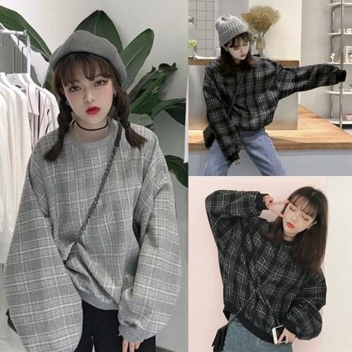 Women Sweatshirt Long Sleeve Harajuku style contrast loose bat sleeve plaid All-match Leisure among us Womens Sweatshirt