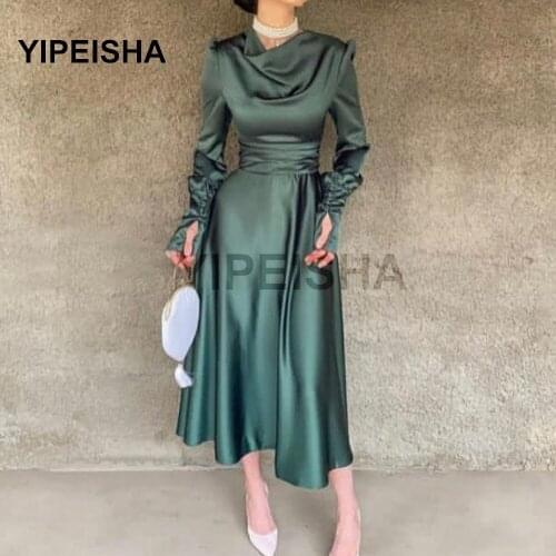 2021 New Simple High Neck Evening Dress Long Sleeves Tea-Length A-Line Pleat Prom Party Gown robe de soirée de mariage