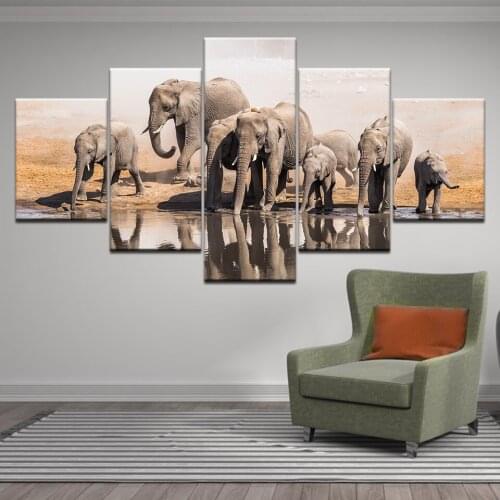5 Pieces Large Size Modern Wall Pictures For Living Room A Herd Of Elephants Animals Canvas Print Painting Home Decor Posters